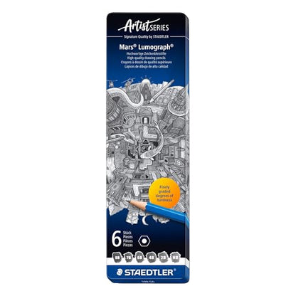 Staedtler Lumograph Graphite Drawing and Sketching Pencils 100G6, Set of 6 Degrees in an Attractive Storage Tin (100G6) - style: Tin of 6