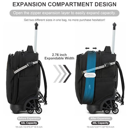 NEW TILAMI 18 Inch Expandable Rolling Backpack with 6-Wheel Stair Climbing, Waterproof Wheeled School Bag with 15.6" Laptop Sleeve for Boys Girls, Carry-on Luggage 98cm Dual-Height Handle - Black - color: Black