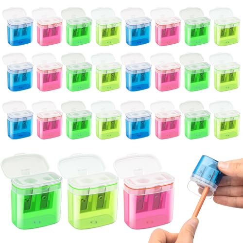 24 Pcs 2 Holes Small Manual Pencil Sharpener with Lid, Colored Handheld Dual Hole Pencil Sharpeners Bulk, Crayon Colored Pencils Sharpener, Pencil Sharpener for Kids, Office, School, Classroom - size: 24 Pcs