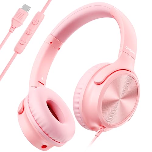 Cowyawn USB C Headphones Wired, Over Ear USB C Wired Headphones with Microphone, Volume Control, HD Stereo Sound, Foldable USB Type C Headphone for Adult/Teens/Laptop/Computer/iPhone 15/16/17, Pink - color: Pink