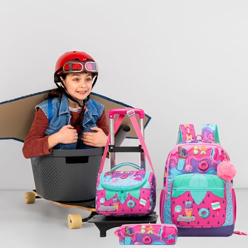 Girls Rolling Backpack for Kids Ages 8-12 Wheeled Backpack for Kids Backpacks for Girls with Lunch Bag Back to School Supplies Kit - color: Purple Ice Cream