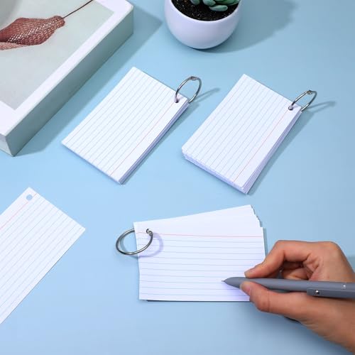 1000 Count Index Cards with Ring, 3x5 Inch Ruled Flash Cards, White Index Card with 16 Metal Rings, Heavyweight Study Note Card for Office Exam Organization