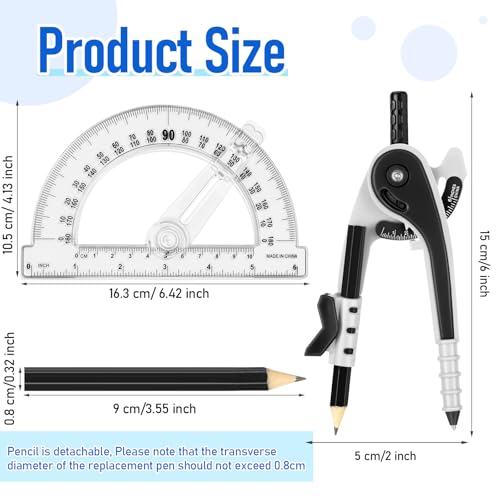 Zonon 2 Pcs Student Protractor and Compass, Student Geometry Math Set Drawing Compass and 180 Degree 6 Inch Protractor with Swing Arm for Drawing Measuring School Office (Black) - color: Black