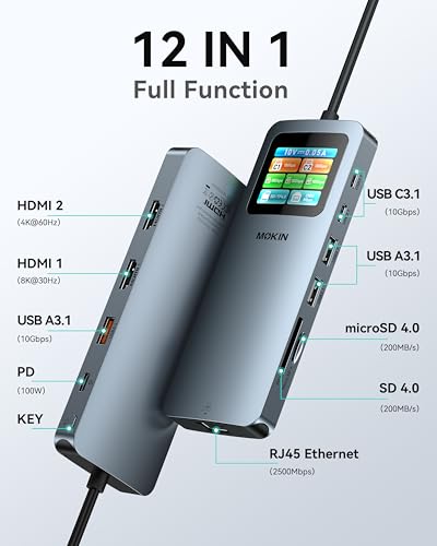 MOKiN LCD USB C Docking Station Dual Monitor, 12 in 1 Laptop Docking Station Dual HDMI with 8K@30Hz, PD 100W, 2500Mbps, 5 * 10Gbps USBA/C 3.1, SD/microSD Card Reader, USB C Adapter for HP/Dell/Lenovo