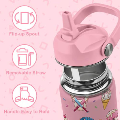 Hiboss Baseball Pink Water Bottle for Girls, 16oz Kids Stainless Steel Insulated Water Bottle with Straw Lid, Ice Cream Baseball Cup Tumbler Birthday Gift for Girls - color: Baseball
