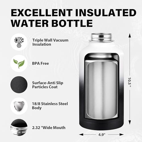Insulated Water Bottle 64 oz, Triple Wall Vacuum Stainless Steel Water Bottles (Cold for 48 Hrs), Leak Proof & Non-BPA, Half Gallon Water Flask Jug Wide Mouth Straw Lid & Spout Lid - color: Day&Night-A, size: 64 Ounces