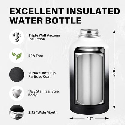 Insulated Water Bottle 64 oz, Triple Wall Vacuum Stainless Steel Water Bottles (Cold for 48 Hrs), Leak Proof & Non-BPA, Half Gallon Water Flask Jug Wide Mouth Straw Lid & Spout Lid - color: Day&Night-A, size: 64 Ounces
