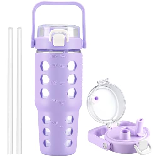 MUKOKO 32 oz Glass Tumbler with Straw,Glass Water Bottles with Time Marker,Iced Coffee Cup with Silicone Sleeve,Motivational Drinking Bottles,Leakproof-Purple - color: Purple, size: 32 Ounces