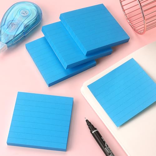 Lined Sticky Notes 3x3 in, Self-Adhesive, 4 Pads, 90 Sheets/Pad (Blue) | Strong Self-Adhesive Backing, Sticks Firmly and Removes Cleanly - color: Blue