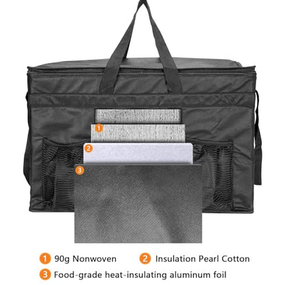 3XL Insulated Food Transport Bag - Reusable Cooler Bag for Cold and Hot Food Delivery with Lid and Double Zipper - size: 3XL Pro