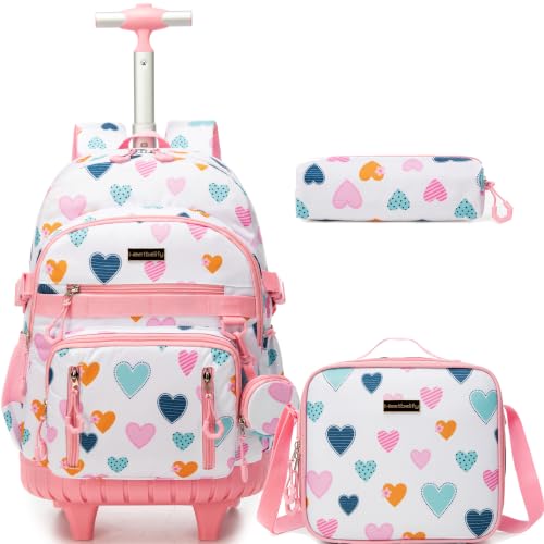 Meetbelify Rolling Backpack for Girls Boys Backpacks with Wheels Kids Carry on Luggage for Girls Boys - color: White Love