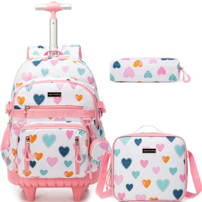 Meetbelify Rolling Backpack for Girls Boys Backpacks with Wheels Kids Carry on Luggage for Girls Boys - color: White Love