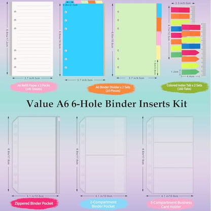 Antner A6 Refill Paper Planner Inserts for A6 6 Ring Notebook Binder, 135 Sheets Lined Filler Paper, 3 Binder Pockets & 10 Dividers & 160PCS Neon Sticky Tabs for Refillable Personal Planners Journals