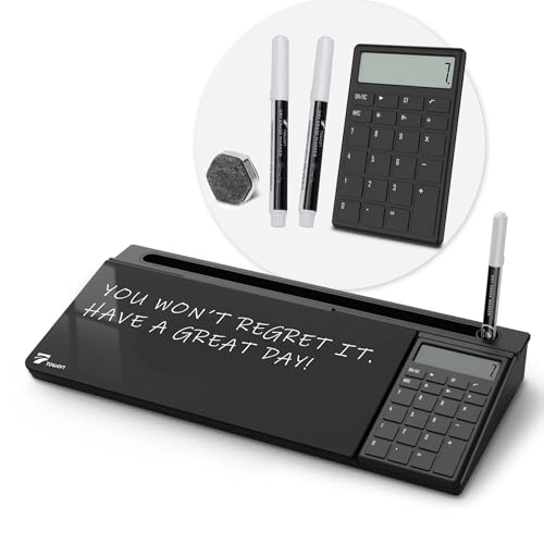 TOWON Glass Desk Whiteboard with Calculator 17x6 in, Desk Organizer, Black | Desktop whiteboard with 12-digit LCD calculator. Storage for office, home, school. Glass dry erase with accessories. - color: Cal Black
