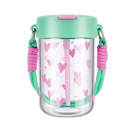 TOPBADE 16oz Kids Water Bottle for School, Toddler Water Bottles with Straws, Tritan Plastic Water Bottles with Paracord Handle for Boys and Girls, Leak-Proof, BPA-Free - color: Blush Heart