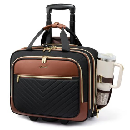 LOVEVOOK Rolling Laptop Bag Women, Briefcase for 17.3 Inch with Wheels Computer Case Work Travel Business，V Quilted-Black-Brown - color: V Quilted-Black-Brown