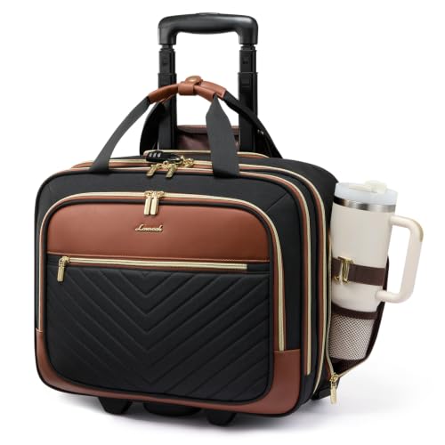 LOVEVOOK Rolling Laptop Bag Women, Briefcase for 17.3 Inch with Wheels Computer Case Work Travel Business，V Quilted-Black-Brown - color: V Quilted-Black-Brown