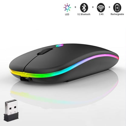 2 Pack LED Wireless Mouse, Slim Silent Dual-Mode 2.4G+BT Rechargable Portable Mobile Optical Office 7-Color Mouse with USB Receiver, 3 Adjustable DPI Levels for Notebook, Computer, MacBook (Black) - color: 2 Pack black
