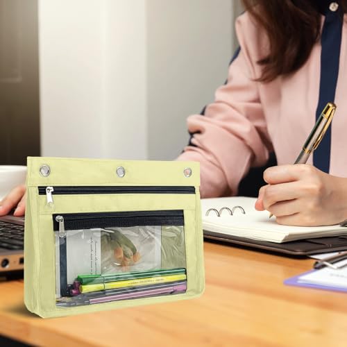 YoeeJob 1 Pack Pencil Pouch for 3 Ring Binder, Expandable Binder Pouches with Zipper, Large Capacity Pen Holder Case with Clear Window School Class Office Organizers, Beige - color: Beige