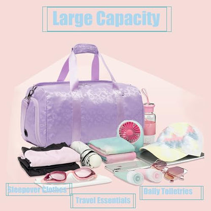 Jumpopack Dance Bag for Girls Duffle Bag Girls Overnight Bags Sleepover Gym Gymnastics Bags with Shoe Compartment and Wet Pocket,Leopard Shape - color: Leopard Purple