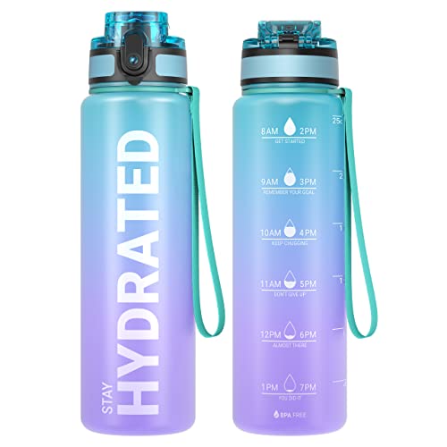 Sahara Sailor Water Bottle, 32/25/17oz Durable and Leakproof Water Bottles Motivational with Time Marker, Tritan, BPA Free, Wide Mouth with Easy Clean Brush for Gym, Travel, School, Office (1 Bottle) - color: Galaxy Magic, size: 25.4 Ounces