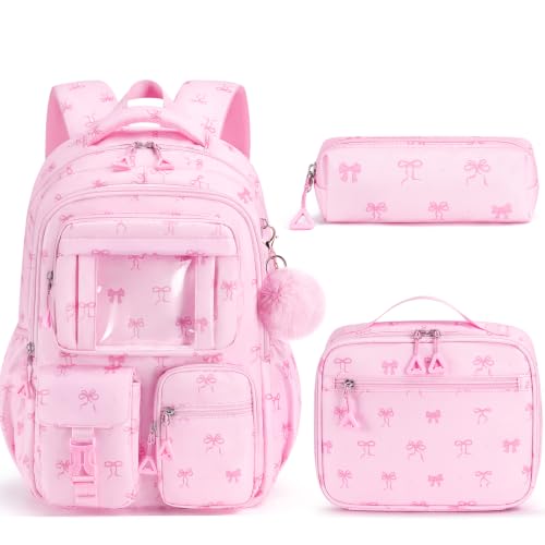 Fimibuke Kids Backpack for School Girls, 3Pcs Waterproof Girls Backpack with Lunch Box & Pencil Pouch - Lightweight Bookbag for Elementary Middle School Student Teens Ages 6+ Pink Bow - color: B3.pink Bow