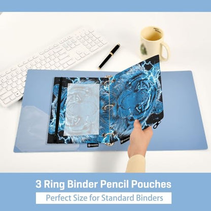 Blue Tiger Pencil Pouch for 3 Ring Binder Pencils Bag Pencil Case with Zipper Clear Window for School Office 2 Packs - color: Blue Lighting Tiger