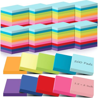 Zubebe 200 Pads 1.5 x 2 Inch Sticky Notes Bulk, Bright Colors Notepads Self Stick Note Square Memo Sticky for Office Back to School, 45 Sheets/pad - size: 1.5 × 2 Inch