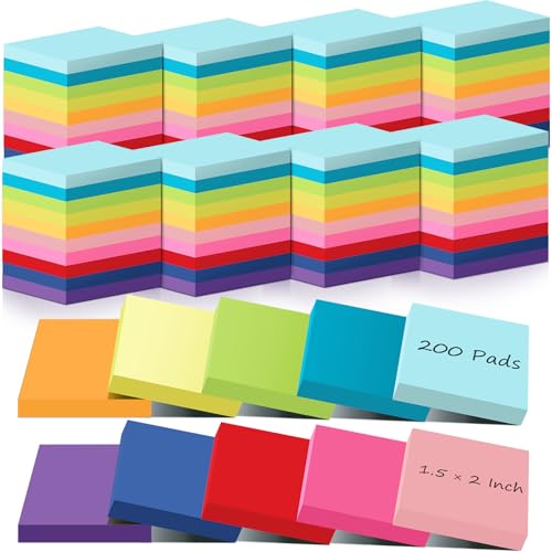 Zubebe 200 Pads 1.5 x 2 Inch Sticky Notes Bulk, Bright Colors Notepads Self Stick Note Square Memo Sticky for Office Back to School, 45 Sheets/pad - size: 1.5 × 2 Inch