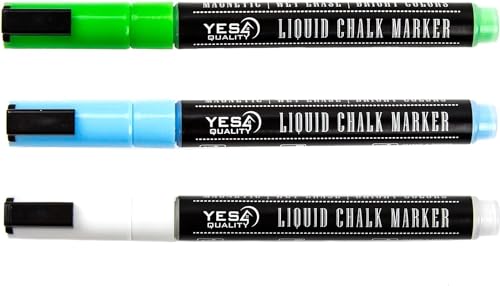 YES4QUALITY Magnetic Liquid Chalk Markers - 3 Pack - Vibrant Neon Colors with 3 mm Fine Bullet Tip, Erasable Wet Erase Pens for Dry-Erase Blackboards - size: 1 Count (Pack of 3)