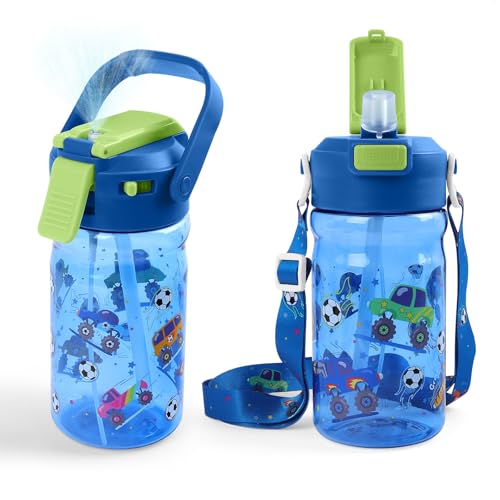 20oz Kids Water Bottle With Straw for School or Travel, Tractor | Leak-Proof Misting Bottle, Secure Lock, Pop-Up Spout, Handle & Detachable Strap, Personalized Bottle for Boys Sports Use - color: Blue Tractor