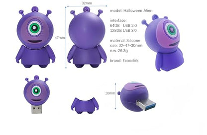 128GB USB 3.0 Flash Drive Cartoon Novelty Halloween Alien Memory Stick Silicone Rubber Pendrive Purple - color: Alien, size: 128GB 3.0