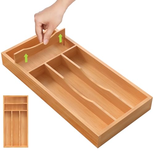 Unibambou Bamboo Utensil Drawer Organizer with Removable Dividers, Kitchen Organizer for Flatware Cutlery, Silverware Tray for Drawer (5/4 Flexible Slots, Natural) - color: Natural, size: Small 6.7 x 14 Inch
