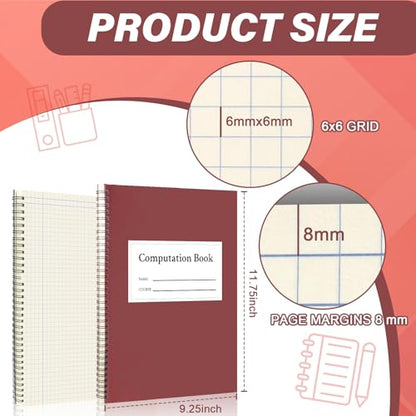 3 Pack Computation Notebook Spiral 4 X 4 Quad National Graph Paper 9 1/4" x 11 3/4" Math Composition Book Engineering Grid Notebook Red 76 sheets with Eye-ease Paper Waterproof Cover for Science