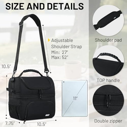 MIER Dual Compartment Lunch Bag Tote with Shoulder Strap for Men and Women Insulated Leakproof Cooler Bag, Black - color: Black