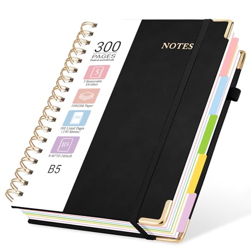 Hardcover Spiral Journal Notebook, 300 Pages 5 Subject Notebook College Ruled with Removable Dividers Tabs, 8" x 10" Notebooks for Work, Spiral Ruled Lined Writing Journal Hardcover Leather Notebook for School (Black, 8''x 10'') - color: New Black