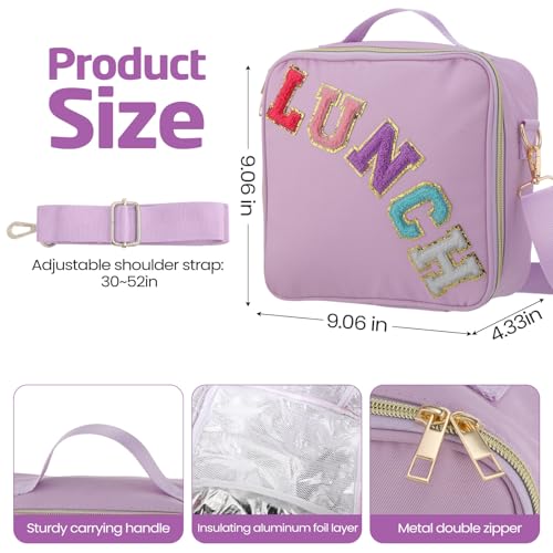 Ziliny Lunch Box Kids with Insulated Lunch Bag, 45 oz Bento Box for Boys Girls,Large Nylon Preppy Lunch Bag with Adjustable Shoulder Strap Reusable Bento Box for School Picnic(Purple,Purple Yellow)