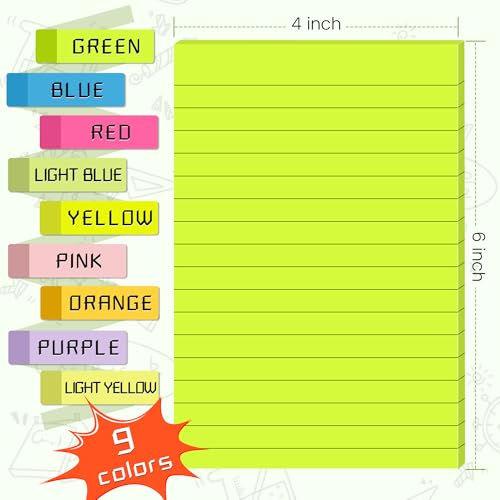 (18 Pack) Lined Sticky Notes 4x6 in Post, Self-Stick Pads Bright Colors Sticky Note, Recyclable, Easy to Post for Home, Office, School