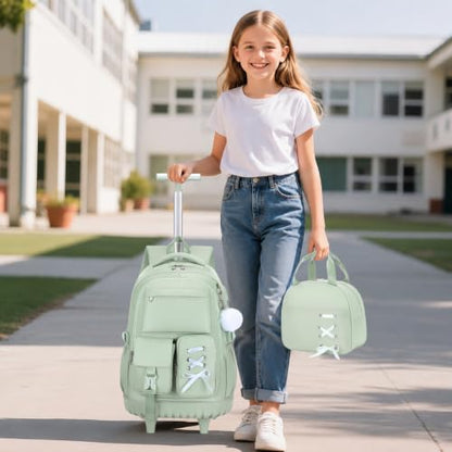 Scothen Rolling Backpack for Girls, Girls Backpack Set with Lunch Box & Pencil Pouch for Teen Girl Kids Children Elementary Middle School, Bookbag Daypack Laptop Travel Backpack with Wheels (Green) - color: Green