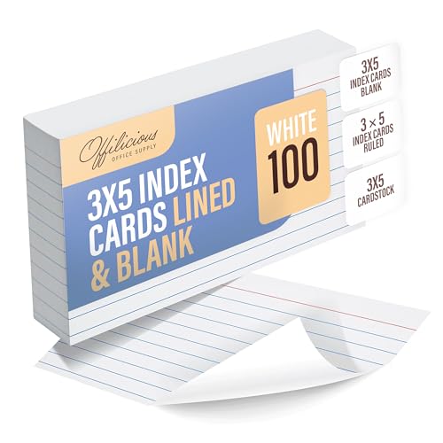 OFFILICIOUS Ruled Index Cards 3x5 — Durable Blank Cards Bulk for Writing Recipes, Notes & Flash Cards for Studying — 100 No Bleed-Through White Double-Sided Notecards 3x5 Lined & Blank