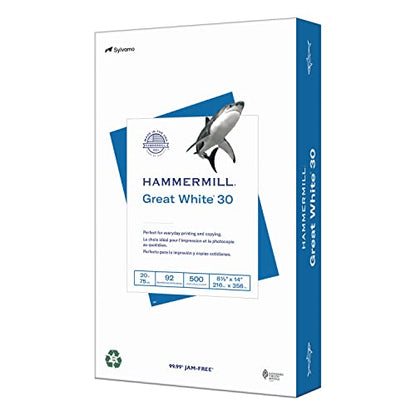 Hammermill Printer Paper, Great White 30% Recycled Paper, 8.5 x 14 - 1 Ream (500 Sheets) - 92 Bright, Made in the USA, 086704 - size: 1 Ream | 500 Sheets, style: Legal (8.5x14)