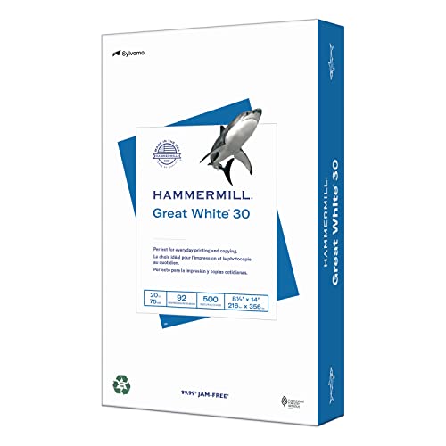 Hammermill Printer Paper, Great White 30% Recycled Paper, 8.5 x 14 - 1 Ream (500 Sheets) - 92 Bright, Made in the USA, 086704 - size: 1 Ream | 500 Sheets, style: Legal (8.5x14)