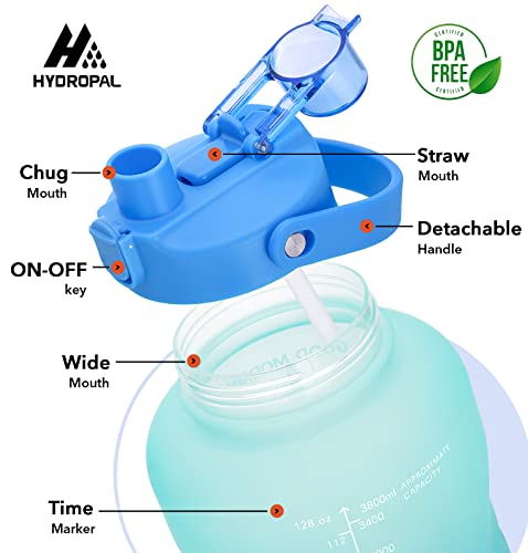 HydroPal 1 Gallon Water Bottles with Straw, 128 oz Water Bottle BPA Free Innovative 2-IN-1 Lid Gym Bottle with Times to Drink Motivational, Large for Sports Fitness Camping Water Jug （13.8X5.5 inch） - color: Sky Mirror