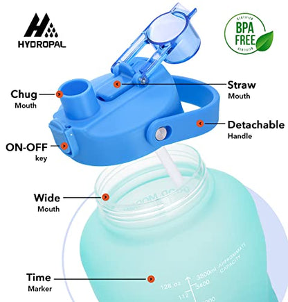 HydroPal 1 Gallon Water Bottles with Straw, 128 oz Water Bottle BPA Free Innovative 2-IN-1 Lid Gym Bottle with Times to Drink Motivational, Large for Sports Fitness Camping Water Jug （13.8X5.5 inch） - color: Sky Mirror
