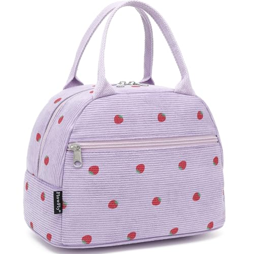 FlowFly Insulated Lunch Bag for Women – Corduroy Lunch Tote Box, Cute Cooler Bag for Work, Travel, Picnic,Corduroy Strawberries Purple - color: Corduroy Strawberries Purple