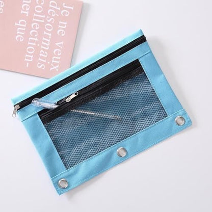 Pencil Pouch for 3 Ring Binder - 3 Hole Zipper Pen Case Bag Holder Bulk Accessories Clear Window Aesthetic Organizer Pockets - color: Sky Blue