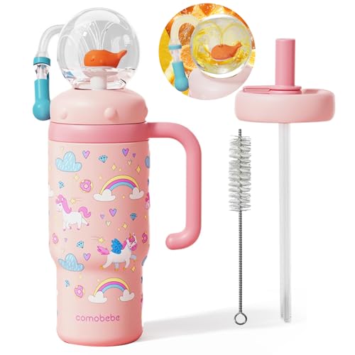 Como bebe 24oz 316 Stainless Steel Whale Fountain Sippy Cup, Insulated Whale Squirt Tumbler with Handle, Leak Proof Straw Cup with 2 Types Lids, Fits Car Cup Holder for Kids Teens Adults (Pink pony) - color: Pink pony