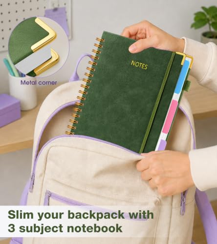 JASLEKO 3 Subject Notebook College Ruled with Dividers Tabs, 100 GSM Leather Hardcover Spiral Notebooks for School Work, 240 Pages Large Cute Notebook Journal for Women Men, College Students,Green - color: Green