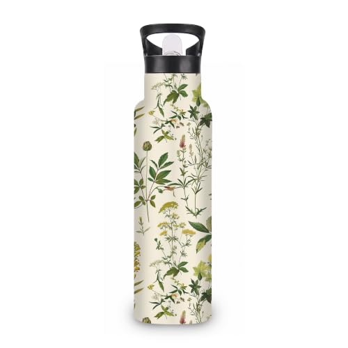 Botanical Wildflower Insulated Water Bottle,Floral Pattern Stainless Steel Water Bottles 20 oz with Straw Lid,Leak Resistant Double Wall Insulated Flask with Handle for Travel Outdoor Gym - color: Botanical Wildflower,Floral Pattern