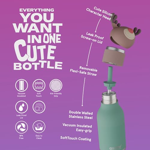 asobu Bestie Bottle Insulated Stainless Steel Water Bottle with Detachable Soft Animal Head Fun Drinking For Kids and Teens with Flexible Reusable Straw 16 Ounce (Reindeer) - color: REINDEER